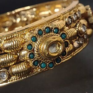 Very Pretty Gold Tone, Green, And Pink 7.5 Inch Vintage Hinged Bangle